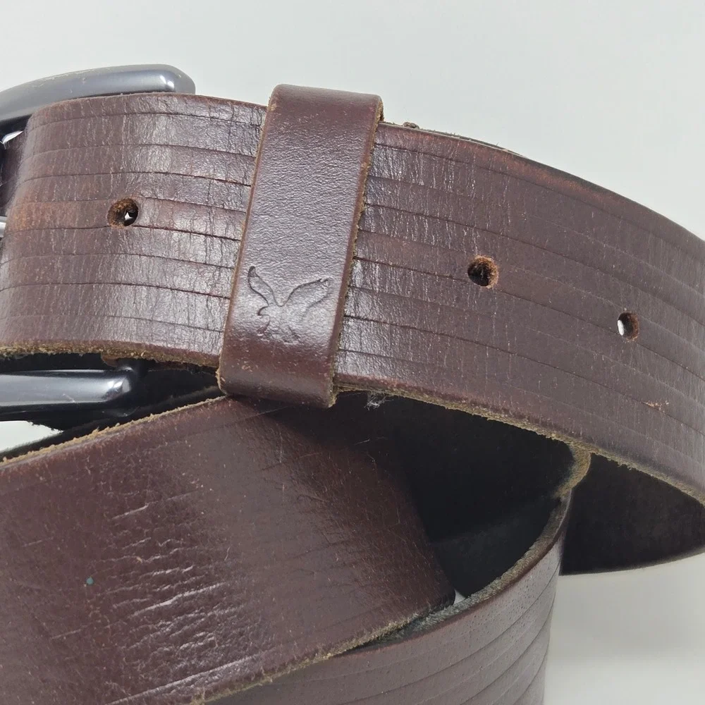 American Eagle Mens Brown Leather Belt Stars‎ and Stripes Embossed Size 36-38